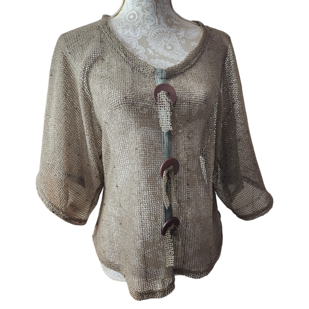 Noelle Tan Fishnet/Mesh Semi-Sheer Sequin Accents 3/4 Sleeve Top One Size